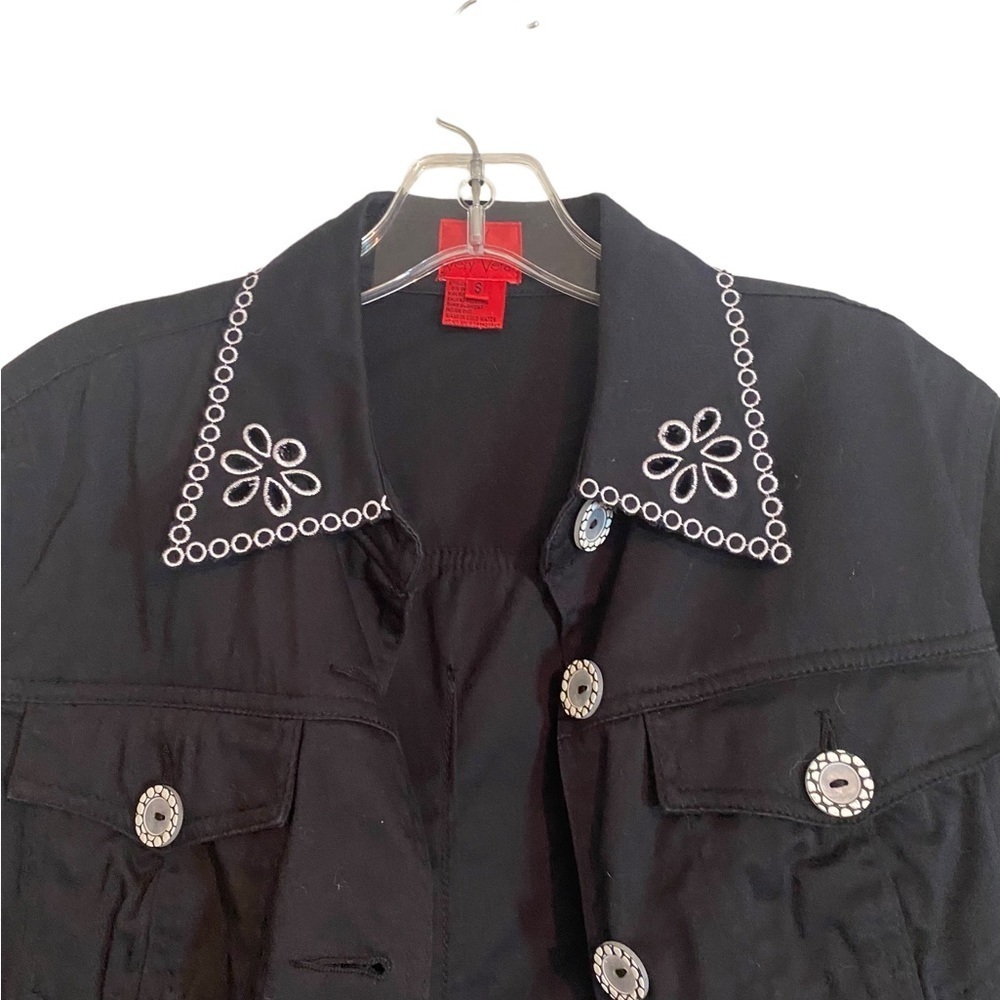 Very Vera Embroidered Black Jacket S Cotton Blend Eyelet Floral - Picture 2 of 8
